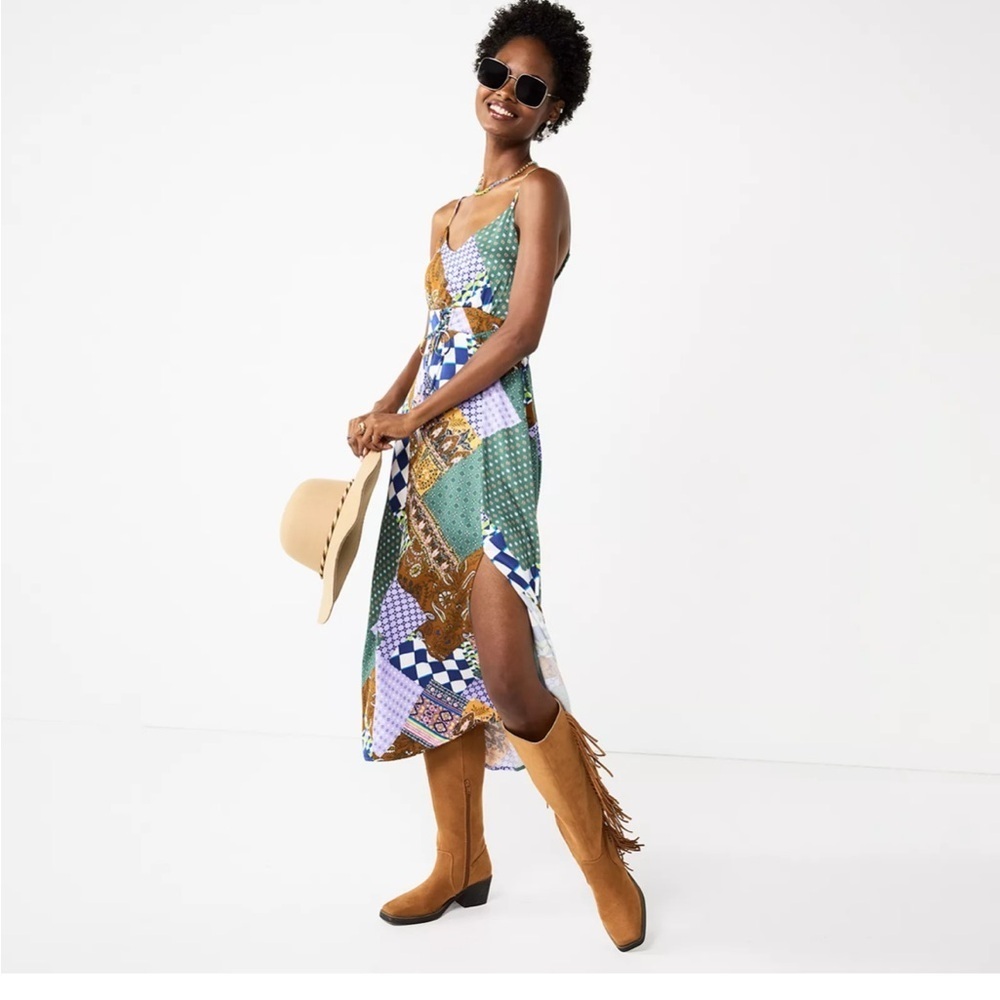 Rewind Patchwork Midi Dress in Green, Blue, Brown Size M
